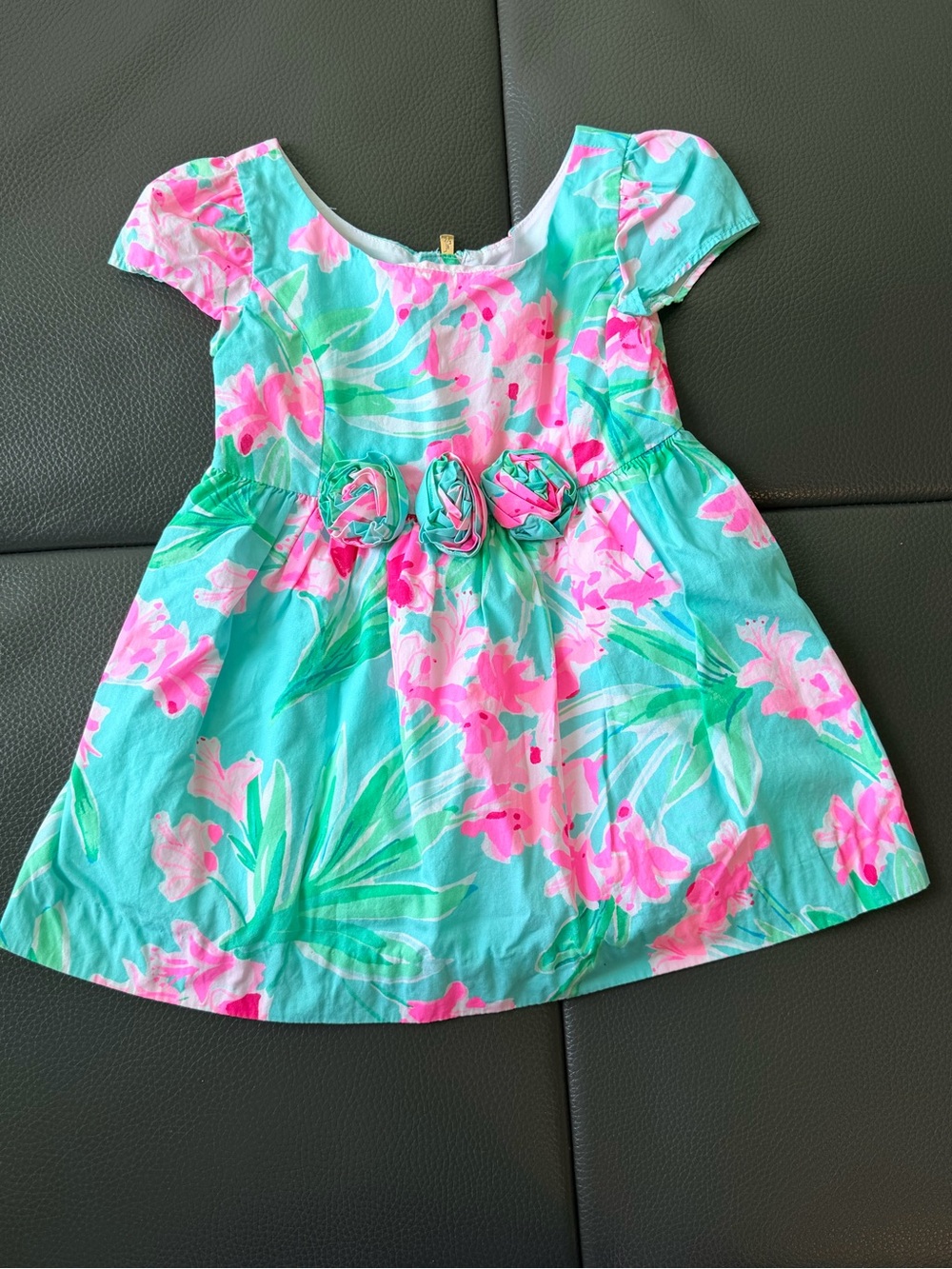 EUC Lilly Pulitzer Girls' Turquoise Floral Dress with Pink Accents Sz 2
